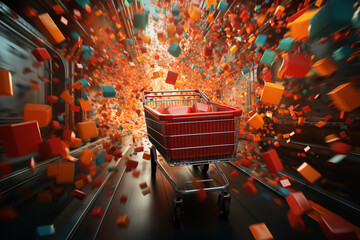 Poster - A fast-paced image of shopping carts racing to collect items with flashing 