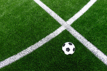 Sticker - Black and white soccer and football ball in the field. Horizontal sport theme poster, greeting cards, headers, website and app