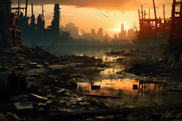 Wall Mural - ruined city after apocalyptic, generative AI