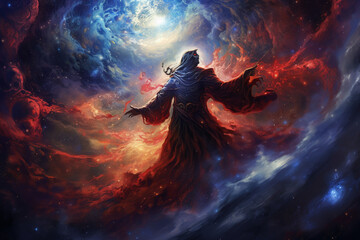 Aufkleber - A genie unites elements of the universe, merging galaxies, stars, and nebulae in a celestial symphony. Generative AI technology.