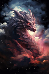 Poster - Guardian of Dreams: A depiction of the dragon guiding a group of dreamers through the night sky,  Generative AI technology.
