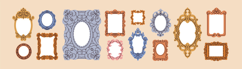 Poster - Vintage frames set. Antique borders, decorations for picture, photo. Old carved ornaments for museum and gallery art. Ornate frameworks with blank space. Isolated flat graphic vector illustrations