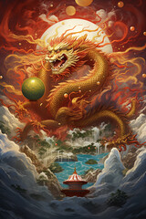 Poster - Diverse Traditions: An illustration portraying the dragon engaging in cultural practices from around the world, Generative AI technology.