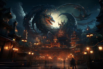 Aufkleber - Lantern Festival: An illustration of the dragon winding its way through a festive lantern-lit street, illuminating the night with its presence.  Generative AI technology.