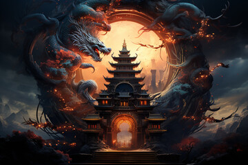 Leinwandbilder - Majestic Entrance: An image capturing the New Year's dragon in vibrant colors, coiled around an ornate entrance with lanterns hanging above. Generative AI technology.