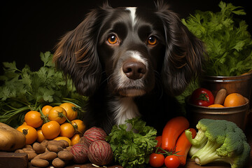 Poster - A close-up of a dog food label highlighting natural ingredients like chicken, vegetables, and whole grains. Generative AI technology.