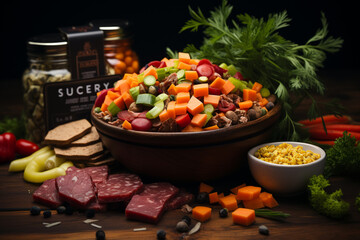 Leinwandbilder - A sleek and modern bag of premium grain-free dog food, showcasing real meat chunks and vibrant vegetables.  Generative AI technology.