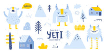 Nordic Set With Cute Yeti Houses And Trees. Scandinavian Vector Collection Of Naive Doodle Yeti For Kids.