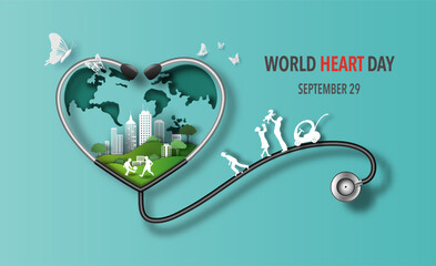 World Heart Day concept, a lot of people at the background involved in activity, paper art and craft style, flat-style vector illustration.
