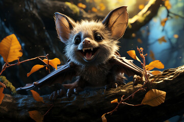 Fototapete - A mischievous cartoon bat with wide wings and a playful grin, dangling from an imaginary branch.  Generative AI technology.