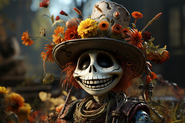 Poster - A giggling cartoon skeleton with a flower crown and a peaceful expression, surrounded by autumn foliage.  Generative AI technology.
