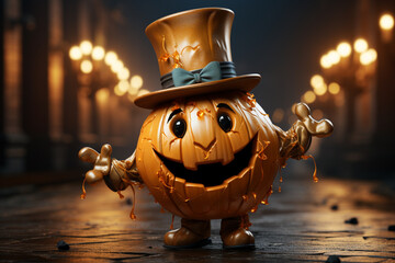 Fototapete - A joyful cartoon pumpkin with a top hat, cane, and a bowtie, dancing a festive jig.  Generative AI technology.
