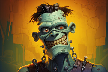 Fototapete - A cartoony cartoon Frankenstein's monster with bolts in its neck and a big, friendly smile.  Generative AI technology.