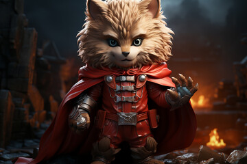 Fototapete - A cheerful cartoon werewolf dressed as a superhero, complete with a cape and a determined expression.  Generative AI technology.
