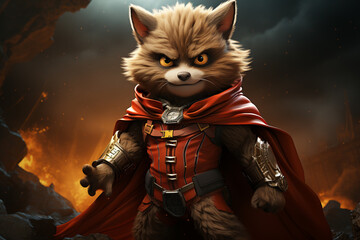 Fototapete - A cheerful cartoon werewolf dressed as a superhero, complete with a cape and a determined expression.  Generative AI technology.