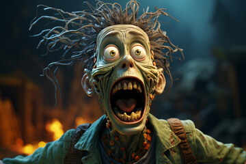 Aufkleber - A comical cartoon zombie with mismatched eyes and a goofy grin, reaching out with its arms in a lurching pose. Generative AI technology.