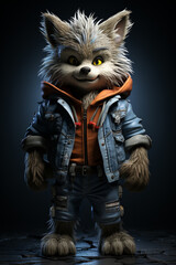 Fototapete -  friendly cartoon werewolf with shaggy fur, wearing jeans and a t-shirt, looking more cute than scary.  Generative AI technology.