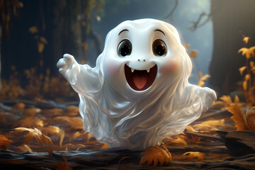 Fototapete - A cute cartoon ghost with round eyes and a friendly smile, floating in mid-air with its white sheet billowing. Generative AI technology.