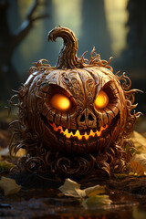 Fototapete - An adorable cartoon pumpkin with a carved face, radiating a warm glow from within and casting a playful shadow. Generative AI technology.