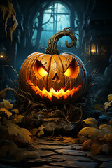 Poster - An adorable cartoon pumpkin with a carved face, radiating a warm glow from within and casting a playful shadow. Generative AI technology.