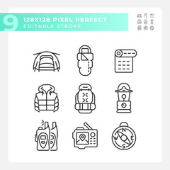 Sticker - 2D pixel perfect black icons set representing hiking gear, editable isolated thin line illustration.