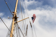 American Flag On The Mast Of A Sailing Ship