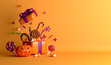 Happy Halloween Decoration Background With Gift Box Jack O Lantern Pumpkin Lollipop Candy, Copy Space Text, 3d Rendering Illustration