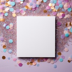 Wall Mural - White greeting card over scattered colorful sequins and confetti on isolated light purple background with blank space. Mockup template. Flat lay, top view with plase for text