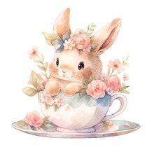 Cute Cartoon Bunny Sitting In A Tea Cup With Flowers. Funny Rabbit Character Design. Spring Easter Concept. Valentine's Day Greeting Card. Watercolor Illustration Isolated On White Background
