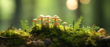 Green Moss On A Stump Mushrooms On A Blurred Forest