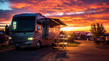 Sun Going Down At The Rv Park With Lights