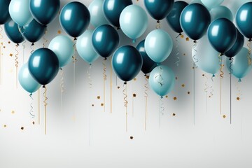 Composition of blue and teal balloons with helium and glitter confetti. Holiday, birthday or New Year concept. Party decoration. Background for invitation card with copy space