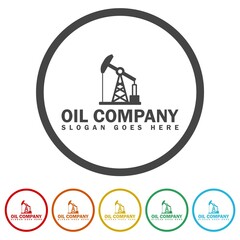 Poster - Oil rig company template logo. Set icons in color circle buttons