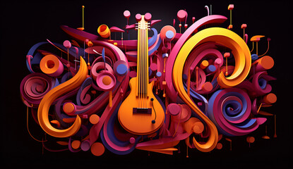 Wall Mural - modern multicolor music background with abstract structure and musical notes, futuristic and surreal sound sculpture with curved shapes