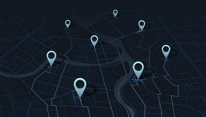 Multiple destinations, isometric. Map city with gps pins. Alternative way with location system. Urban map with pointers. Black background, information pointers, signs, arrows. Vector illustration.