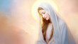 Virgin Mary, mother of Jesus Christ with holy light, looking down from heaven. Catholics church symbol of purity and grace