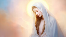 Virgin Mary, Mother Of Jesus Christ With Holy Light, Looking Down From Heaven. Catholics Church Symbol Of Purity And Grace