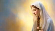 Virgin Mary, Mother Of Jesus Christ With Holy Light And Flowers. Catholics Church Symbol Of Purity And Grace