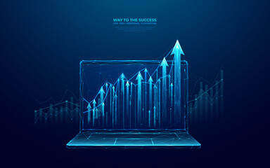 Leinwandbilder - Abstract growing graph chart on a laptop screen. Digital arrows up and diagram. Investment or business strategy. Low poly wireframe vector illustration on technology blue background. Finance growth.