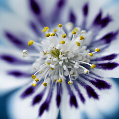 Wall Mural - Blue and white stamens, macro close-up photo with bokeh. Generative AI