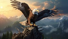 Bald Eagle Sitting On Mountain Rock With Open Wings