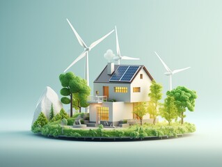 layout with house, green trees and windmill. concept of renewable energy and ecology, green energy.