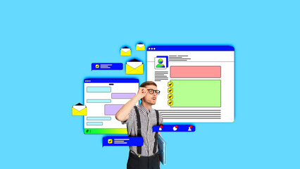 Wall Mural - Young man, employee looking on his working plan, chatting with colleagues and partners, working with projects. Contemporary art collage. Concept of business, strategies, technologies and innovations