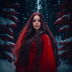 Wall Mural - Portrait of a woman in red dress in a snow covered forest