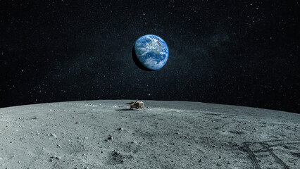 Poster - New space lunar mission. Landscape of the moon with stones and craters with a spacecraft on the surface. Blue planet earth view from the moon.