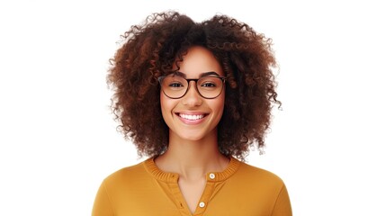 Happy satisfied cute, pretty, mix race woman portrait isolated on white background