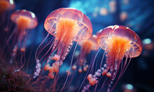 Pink Jellyfish Floating In The Water. Undersea World.