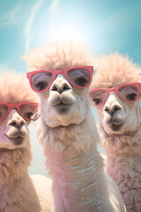 Wall Mural - Portrait of tree alpacas with sunglasses and funny hairstyle on the pastel blue and pink background