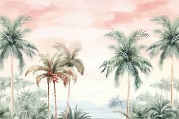 Wall Mural - Beautiful seamless floral pattern background. Landscape with watercolor palm trees. Generative AI