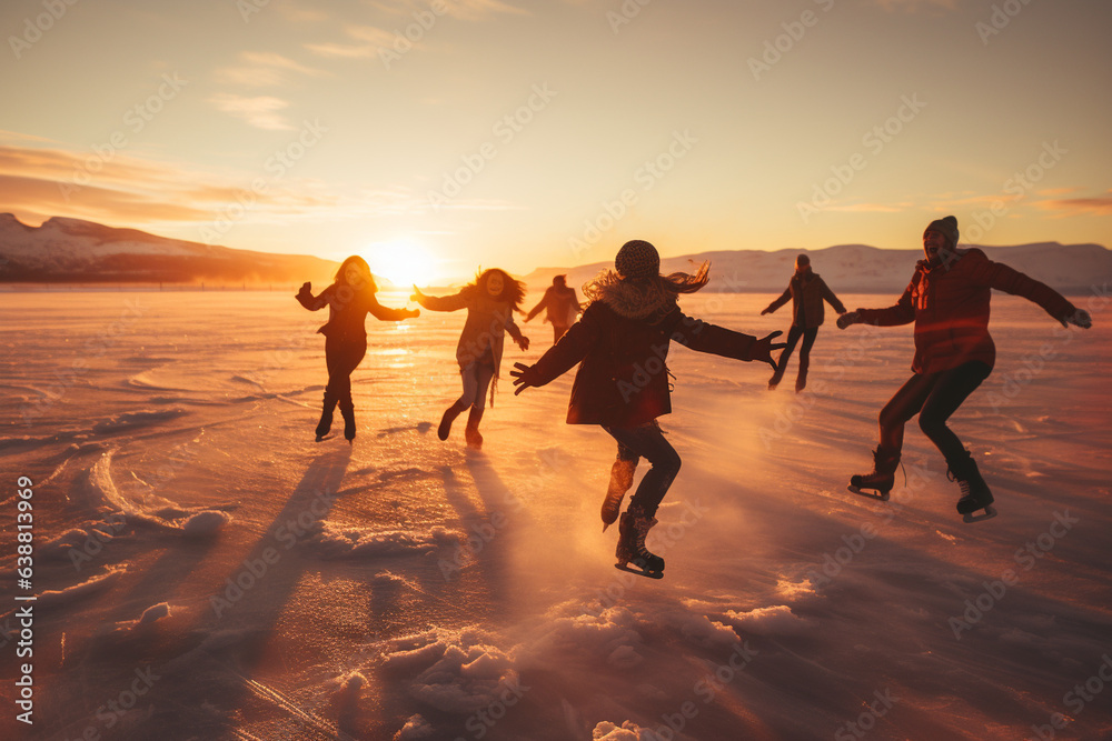dynamic photo of people ice skating on a frozen lake, surrounded by a ...